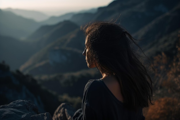 Une femme est assise sur une falaise surplombant une chaîne de montagnes.
