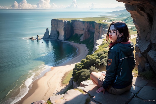 Photo une femme est assise sur une falaise surplombant une plage et regarde l'océan.