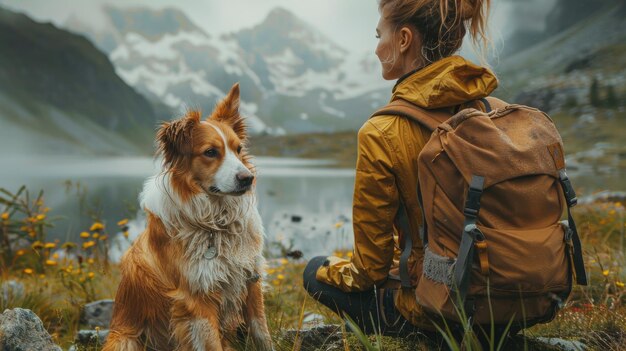 Une femme est assise sur l'herbe dans les montagnes embrassant son chien alors qu'elle porte un sac à dos et embrasse les montagnes