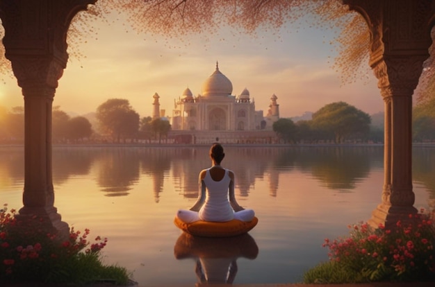 une femme est assise sur un kayak devant un temple