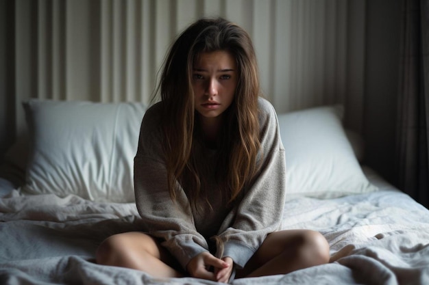 une femme est assise sur un lit avec une couverture sur la tête