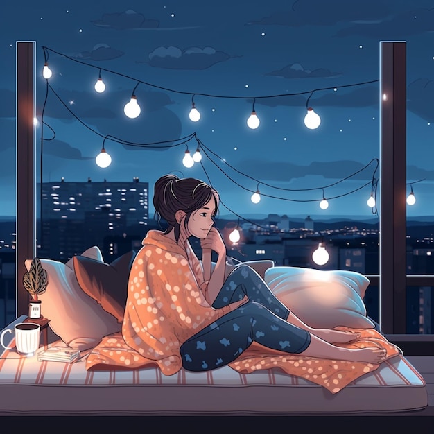 Une femme est assise sur un lit devant un paysage urbain nocturne.