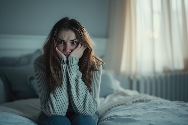 une femme est assise sur un lit avec ses mains sur son visage