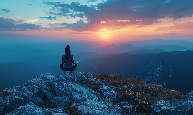 une femme est assise sur une montagne avec le soleil qui se couche derrière elle