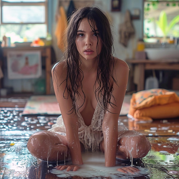 Photo une femme est assise sur un morceau de morceaux de puzzle