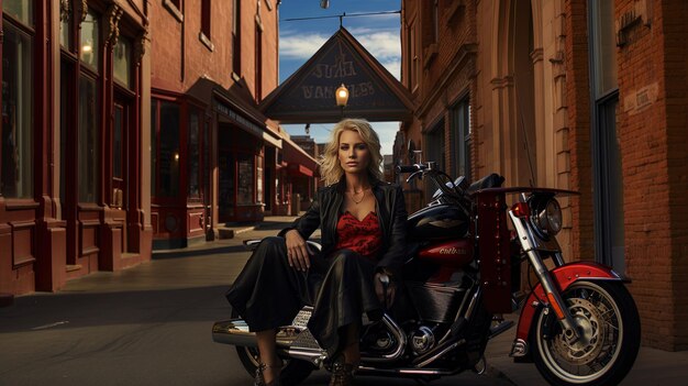 Photo une femme est assise sur une moto devant un bâtiment qui dit que l'entreprise