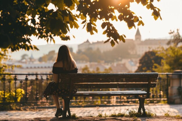 Une femme est assise paisiblement sur un banc de parc entourée d'arbres et de verdure, perdue dans ses pensées au coucher du soleil.