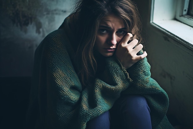 Une femme est assise par terre dans une pièce sombre enveloppée dans une couverture verte