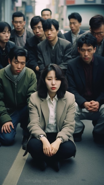 Une femme est assise par terre devant un groupe d’hommes