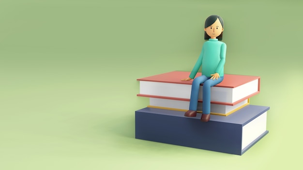 La femme est assise sur une pile de livres