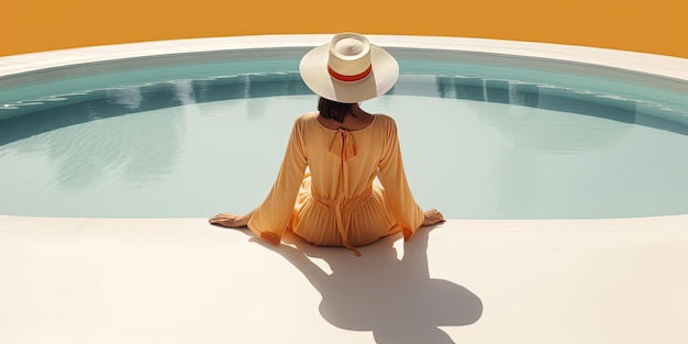 Photo une femme est assise à la piscine portant un long chapeau floppy dans le style d'un fond minimaliste