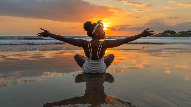 Photo une femme est assise sur la plage avec les bras tendus et profite du coucher de soleil.