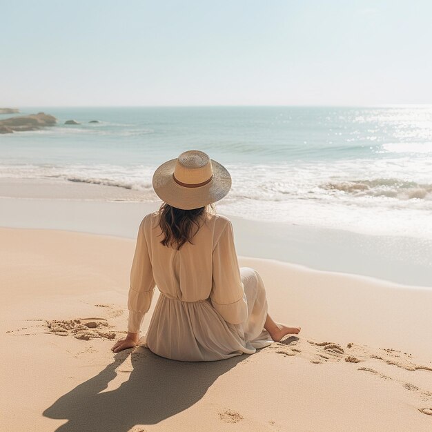 une femme est assise sur une plage avec un chapeau sur la tête