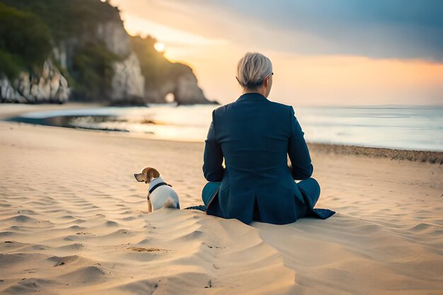 Une femme est assise sur une plage avec un chien et regarde l'océan.