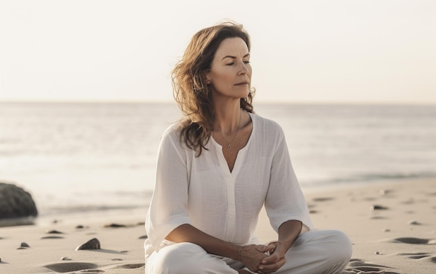 Une femme est assise sur une plage, méditant, regardant l'océan.