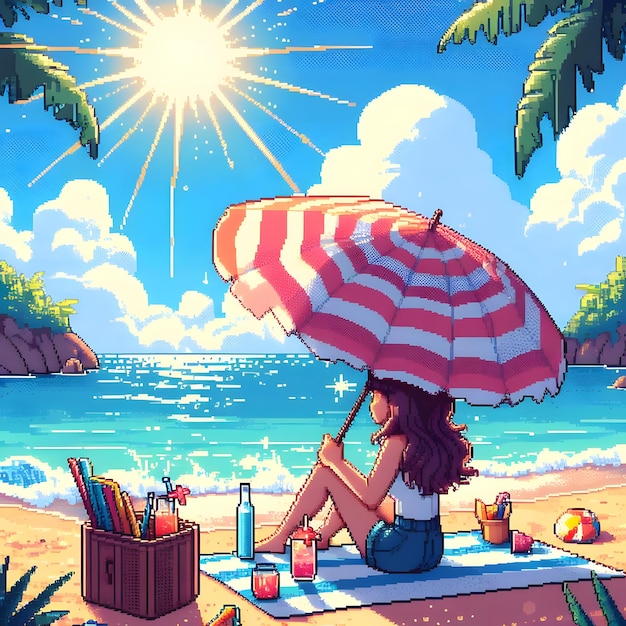 Photo une femme est assise sur une plage sous un parapluie avec le soleil qui brille dans le ciel