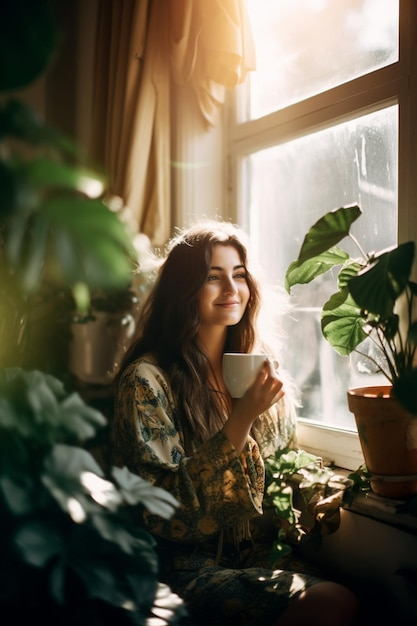 Une femme est assise près d'une fenêtre avec une tasse de café.