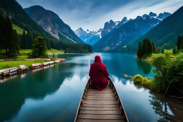 Une femme est assise sur un quai en bois dans un lac de montagne.