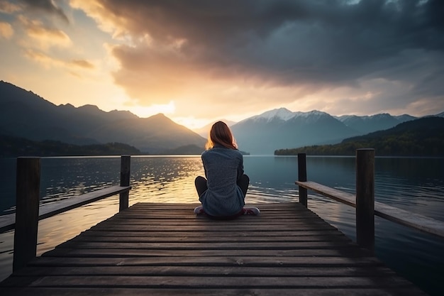 Une femme est assise sur un quai en regardant le coucher du soleil