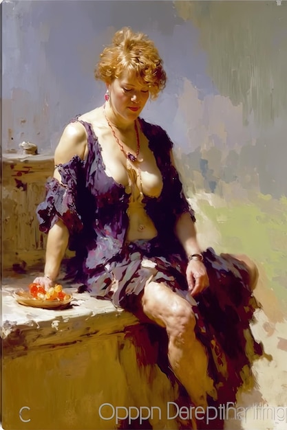 une femme est assise sur un rebord avec une assiette de fruits et un bol de fruits.