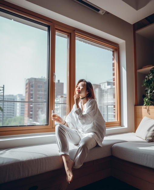 Une femme est assise sur un rebord de fenêtre dans une robe blanche et boit un verre d'eau.