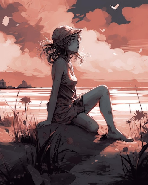 Une femme est assise sur un rocher au bord de l'eau et regarde le ciel.
