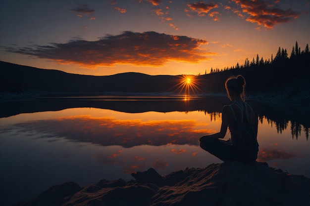 Une femme est assise sur un rocher au bord d'un lac au coucher du soleil