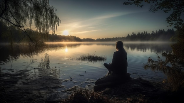 Une femme est assise sur un rocher au bord d'un lac avec le soleil se couchant derrière elle.