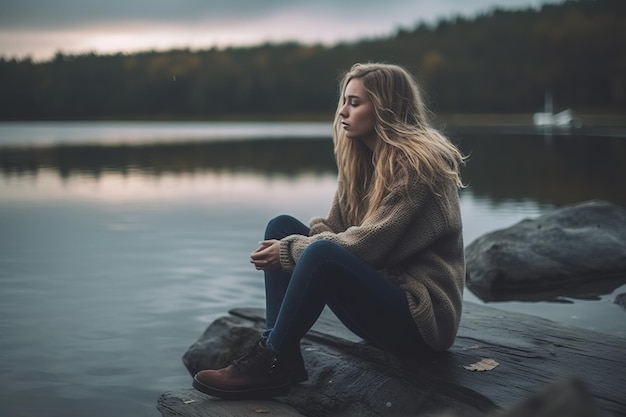 Une femme est assise sur un rocher au bord d'un lac.