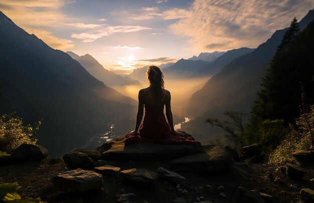 Une femme est assise sur un rocher devant un coucher de soleil.