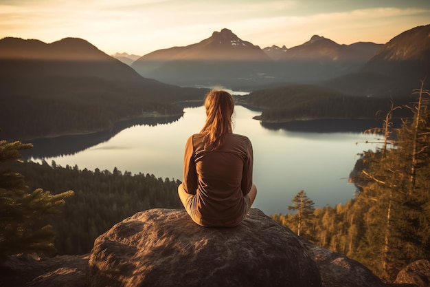 Une femme est assise sur un rocher surplombant un lac et des montagnes.