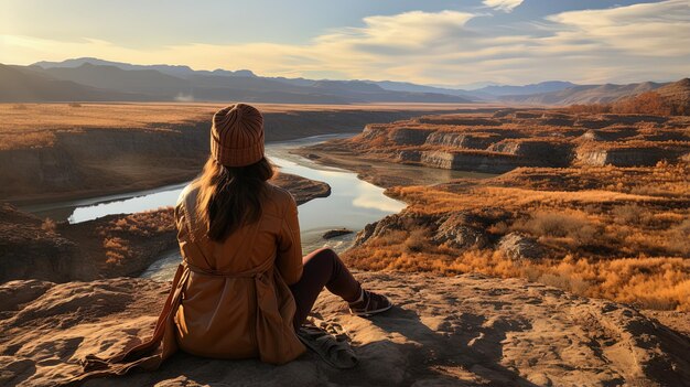 Photo une femme est assise sur un rocher surplombant une rivière et des montagnes