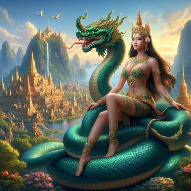 une femme est assise sur un serpent avec un dragon sur le dos