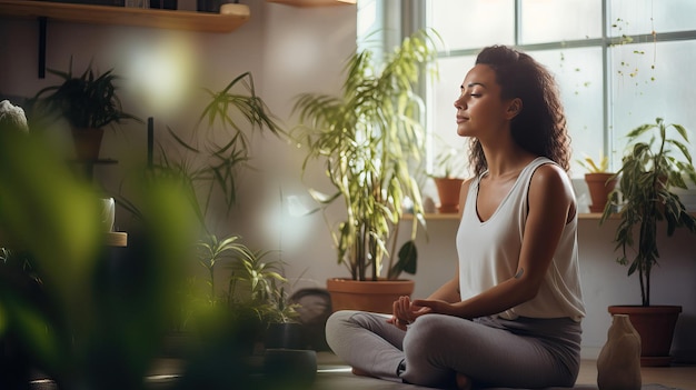 Photo une femme est assise sur un sol devant une fenêtre avec des plantes et des plantes en arrière-plan.