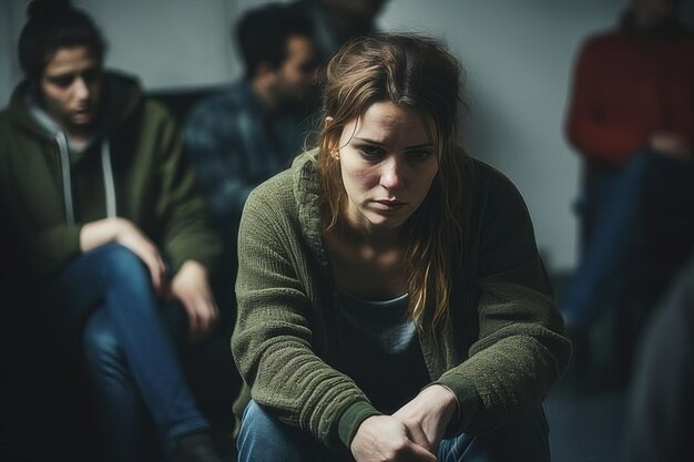 une femme est assise sur le sol devant un groupe de personnes