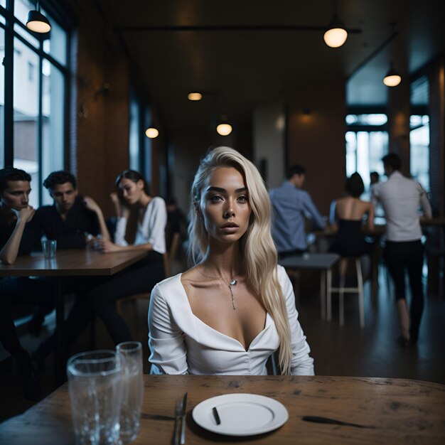 Une femme est assise à une table avec une assiette dessus.