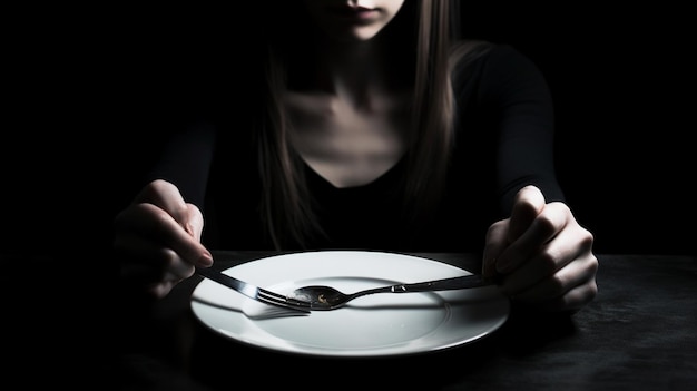 Une femme est assise à une table avec une assiette et une fourchette devant elle.