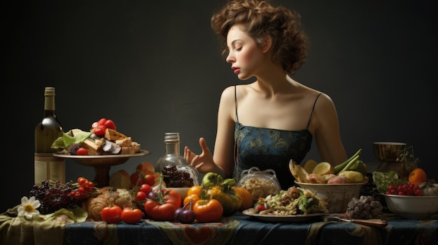 Une femme est assise à une table avec beaucoup de nourriture ai