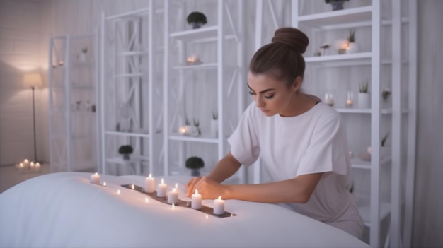 Une femme est assise à une table en bois dur dans une salle de spa avec des bougies