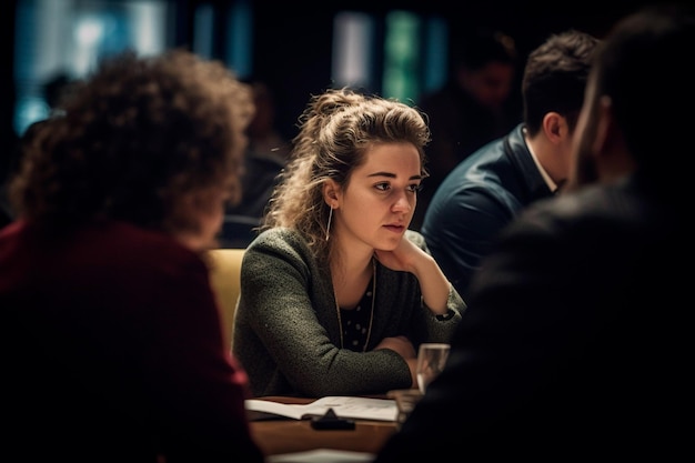 Une femme est assise à une table dans une salle de réunion, regardant la caméra.