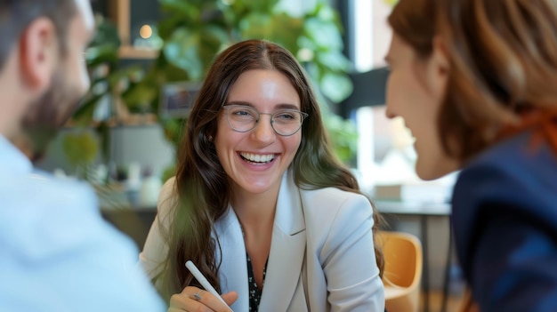 Une femme est assise à une table avec deux compagnons engagés dans une conversation profonde