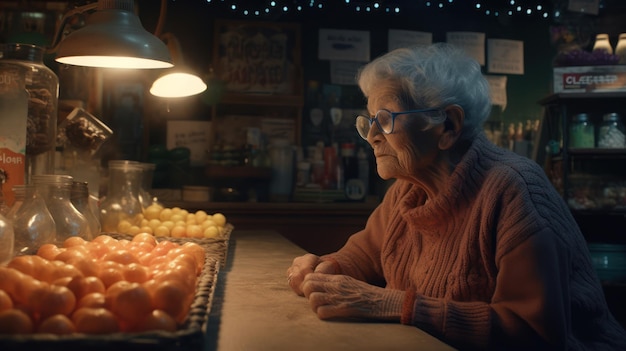 Une femme est assise à une table devant une table pleine de fruits.