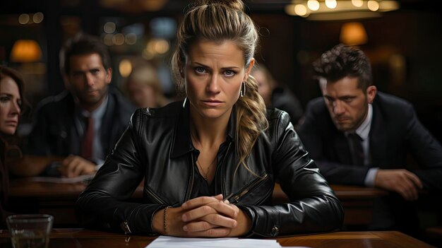 une femme est assise à une table avec un document devant elle.