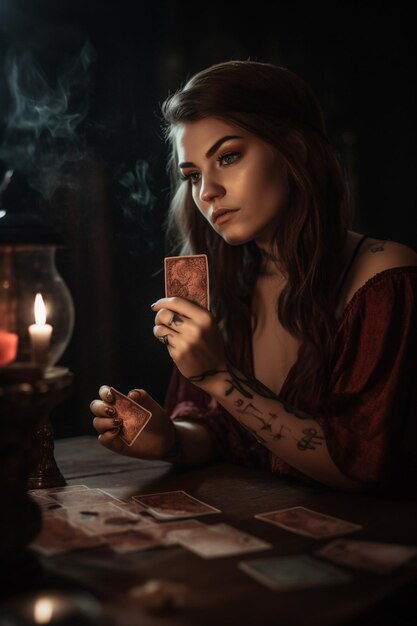 Photo une femme est assise à une table avec un jeu de cartes et une bougie sur laquelle est écrit le mot tarot.