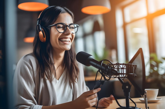 Une femme est assise à une table avec un microphone et porte des lunettes.