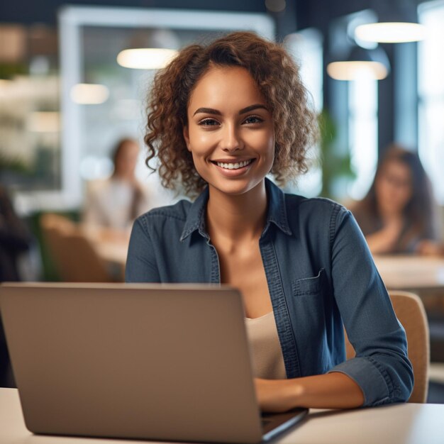 Une femme est assise à une table avec un ordinateur portable devant elle.