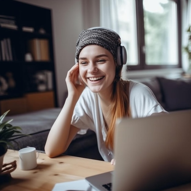 Une femme est assise à une table avec un ordinateur portable et un ordinateur portable devant elle.