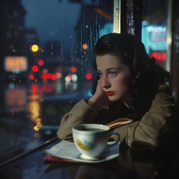 une femme est assise à une table avec une tasse de café et un livre