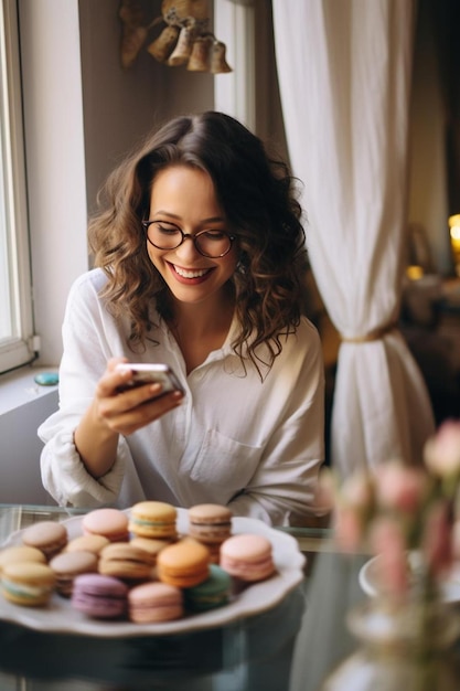 Photo une femme est assise à une table avec un téléphone et un tas de beignets