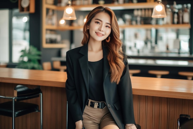 Une femme est assise sur un tabouret de bar devant un bar avec une pancarte qui dit "j'aime le café"